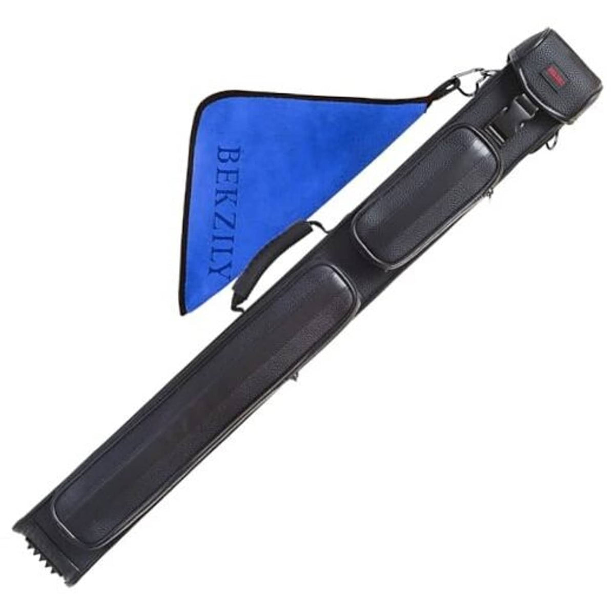 Black billiard cue case with blue-lined flap, stitched panels, and carry strap