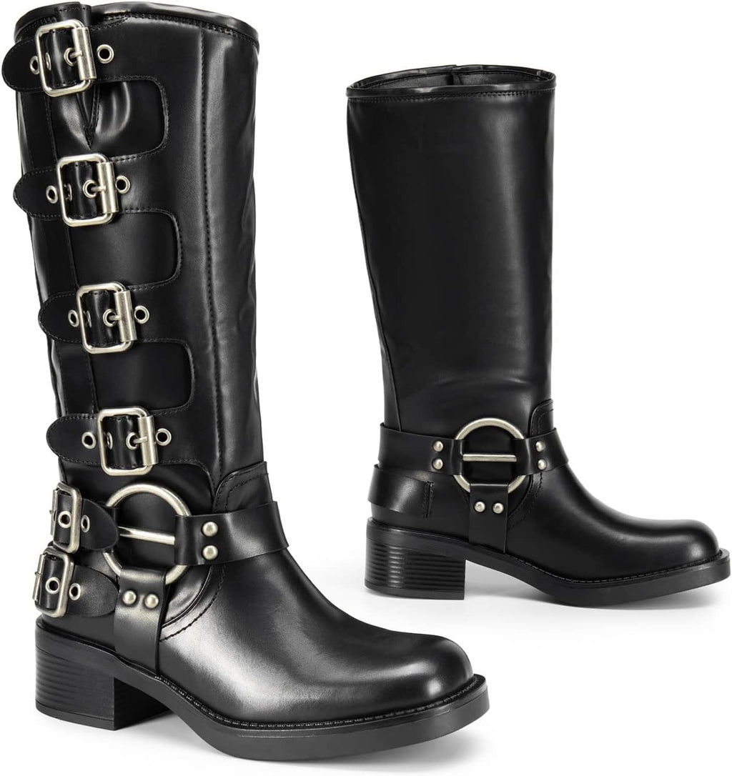 Pair of black knee-high motorcycle boots with square toe, chunky heel, buckle collar