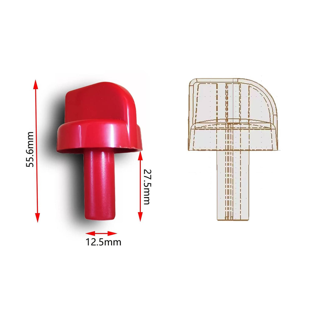 Red plastic control valve knob, 55mm tall, 27mm cap width, 12.5mm stem