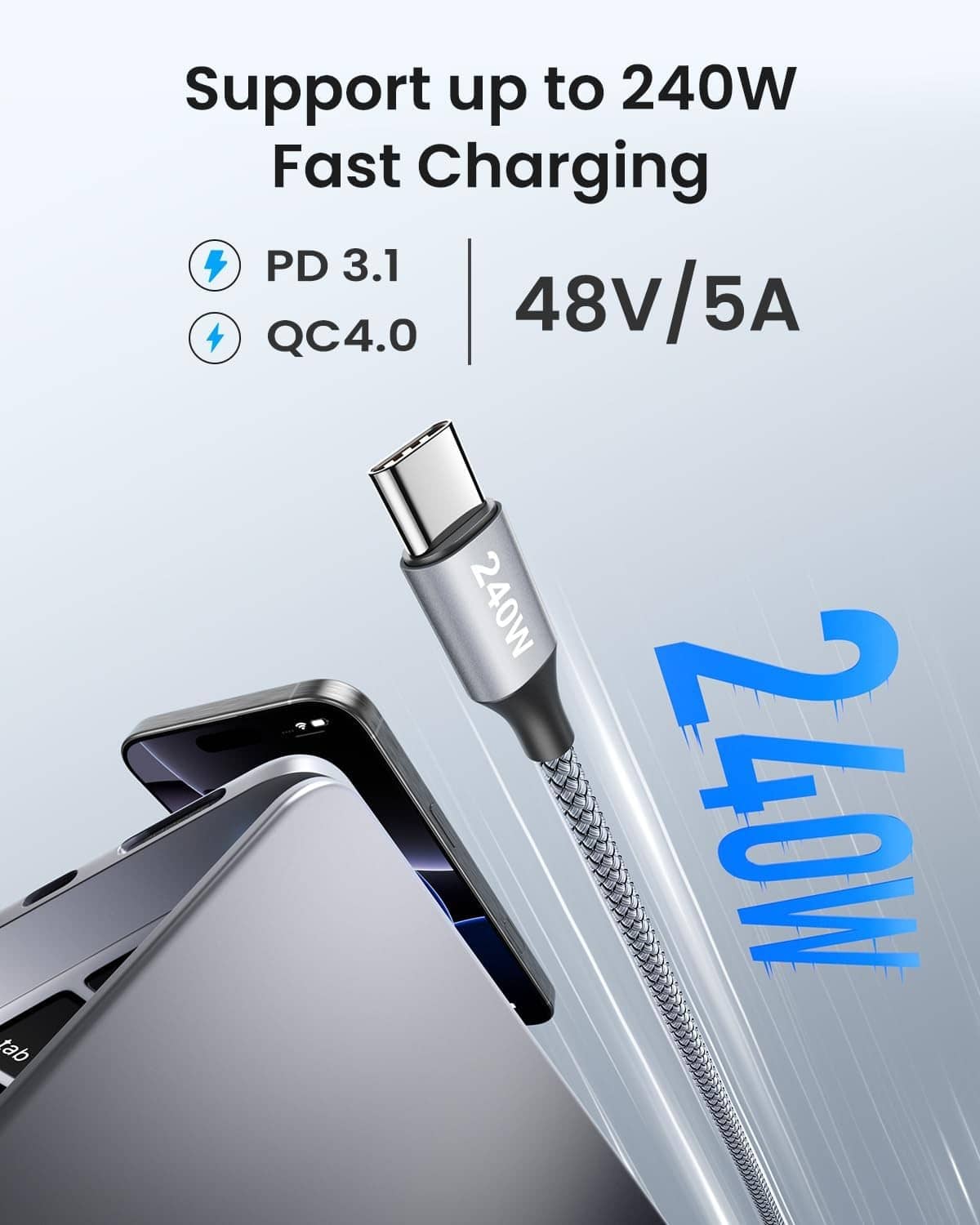 Braided grey USB-C to C cable with metal 240W label and USB-C plug