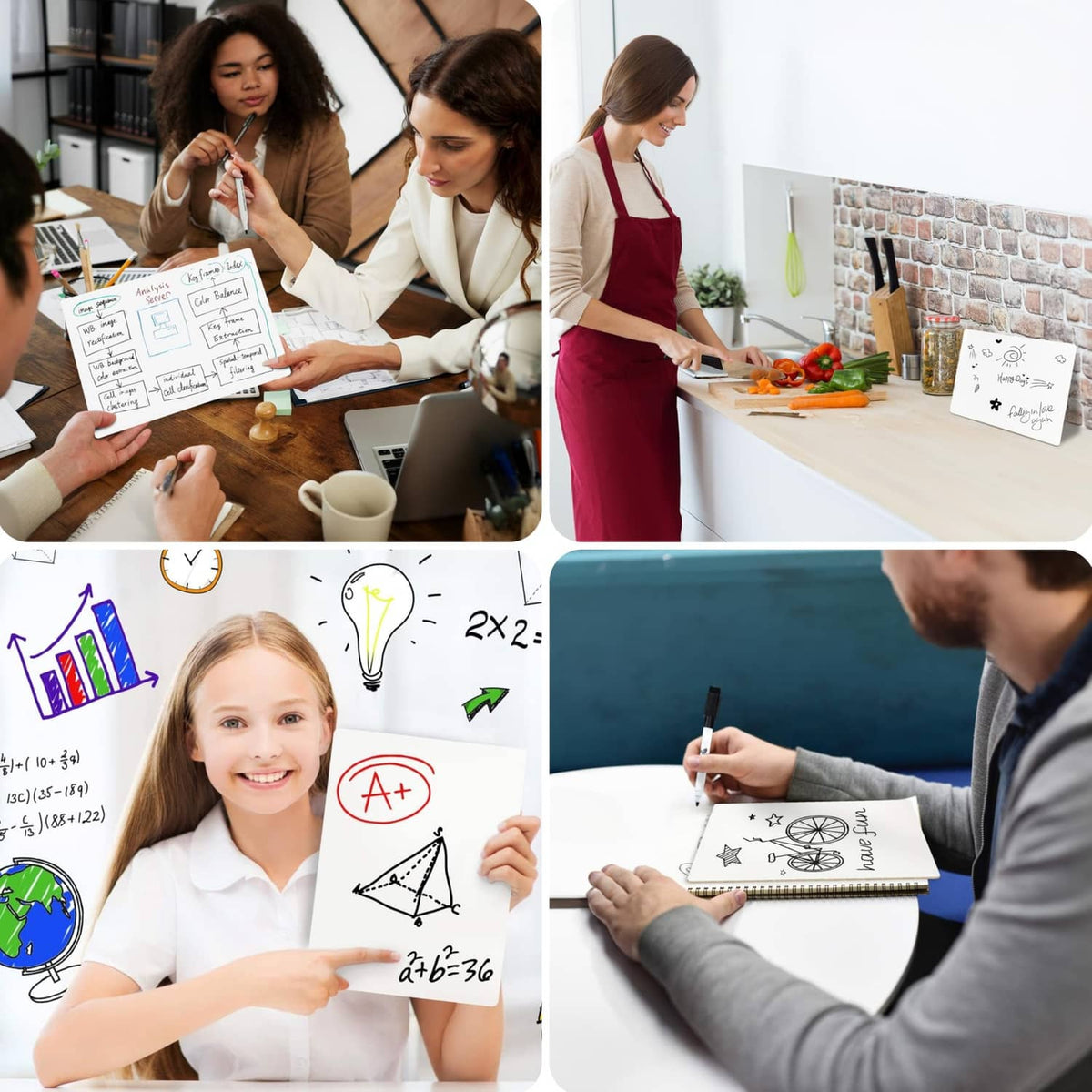 White dry-erase lapboards used by students with colorful marker drawings