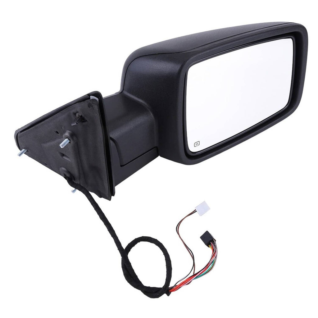 Left driver-side exterior mirror assembly, black housing with connector ports and wire lead