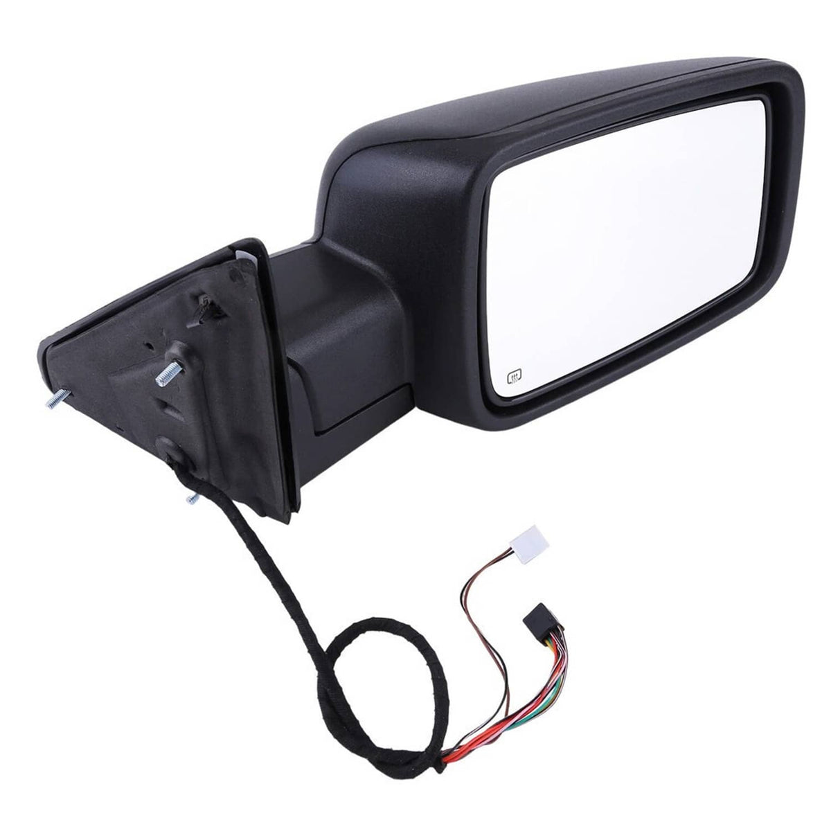 Left driver-side exterior mirror assembly, black housing with connector ports and wire lead