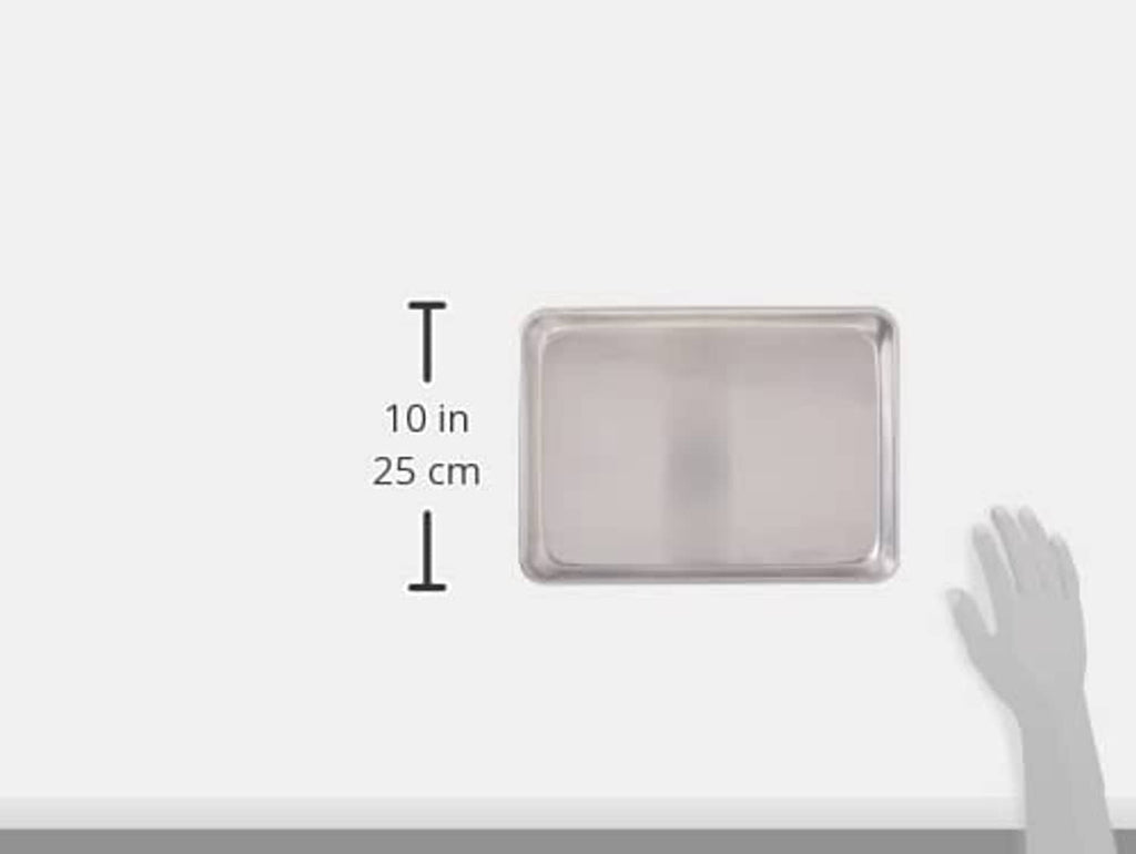 Rectangular silver sheet pan with size marking, 10 in (25 cm) shown