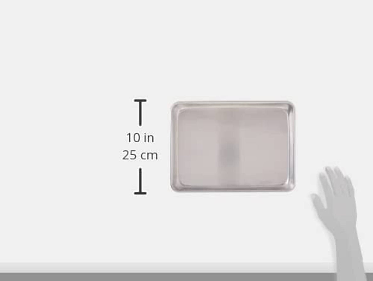 Rectangular silver sheet pan with size marking, 10 in (25 cm) shown