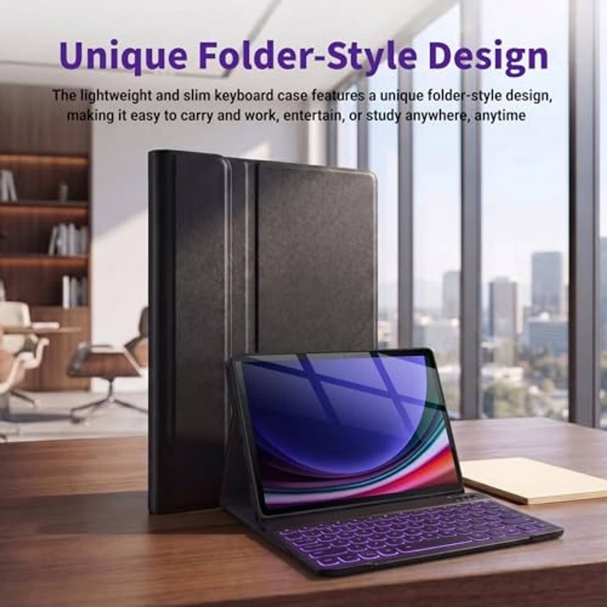 Black folder-style backlit keyboard case with tablet propped on the fold stand