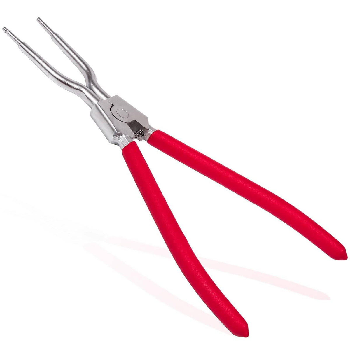 Red-handled silver spring clamp tool with two long prongs and central hinge