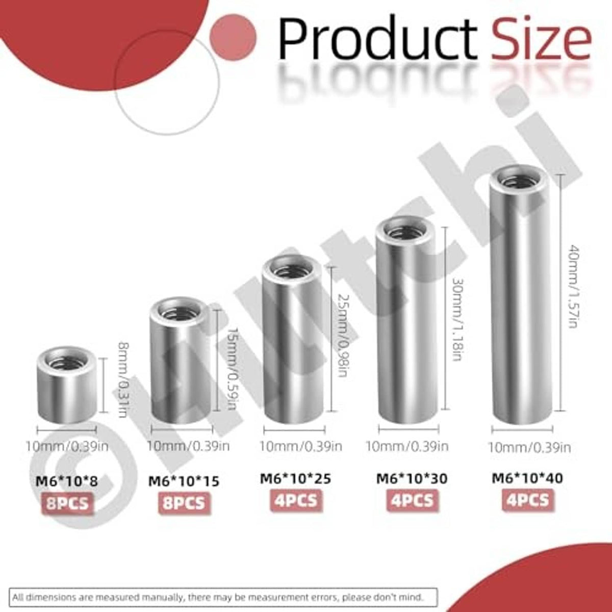 Round coupling nuts size chart diagram showing cylindrical nuts and thread sizes