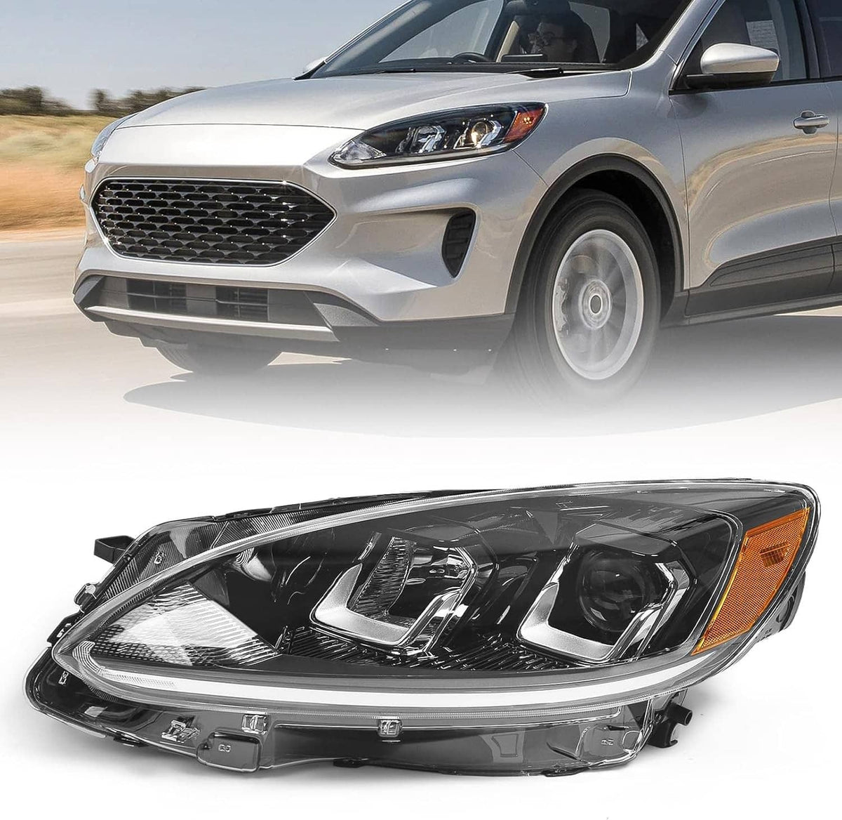 Left halogen headlight assembly with clear lens, chrome reflectors, and amber corner marker