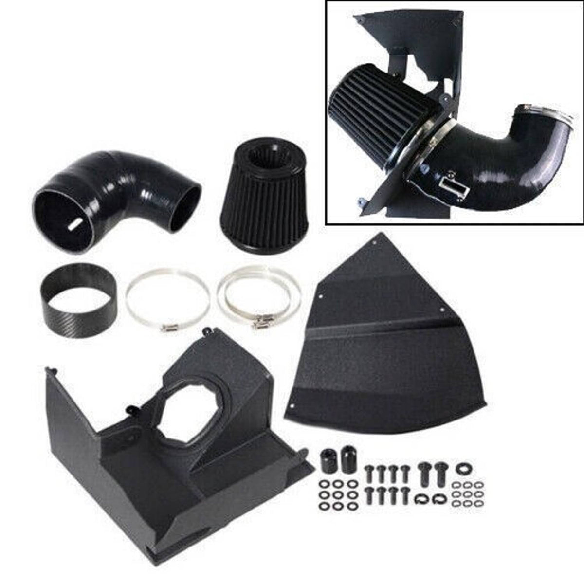 Cold air intake kit parts: black intake hose, filter cone, clamps, rings and screws