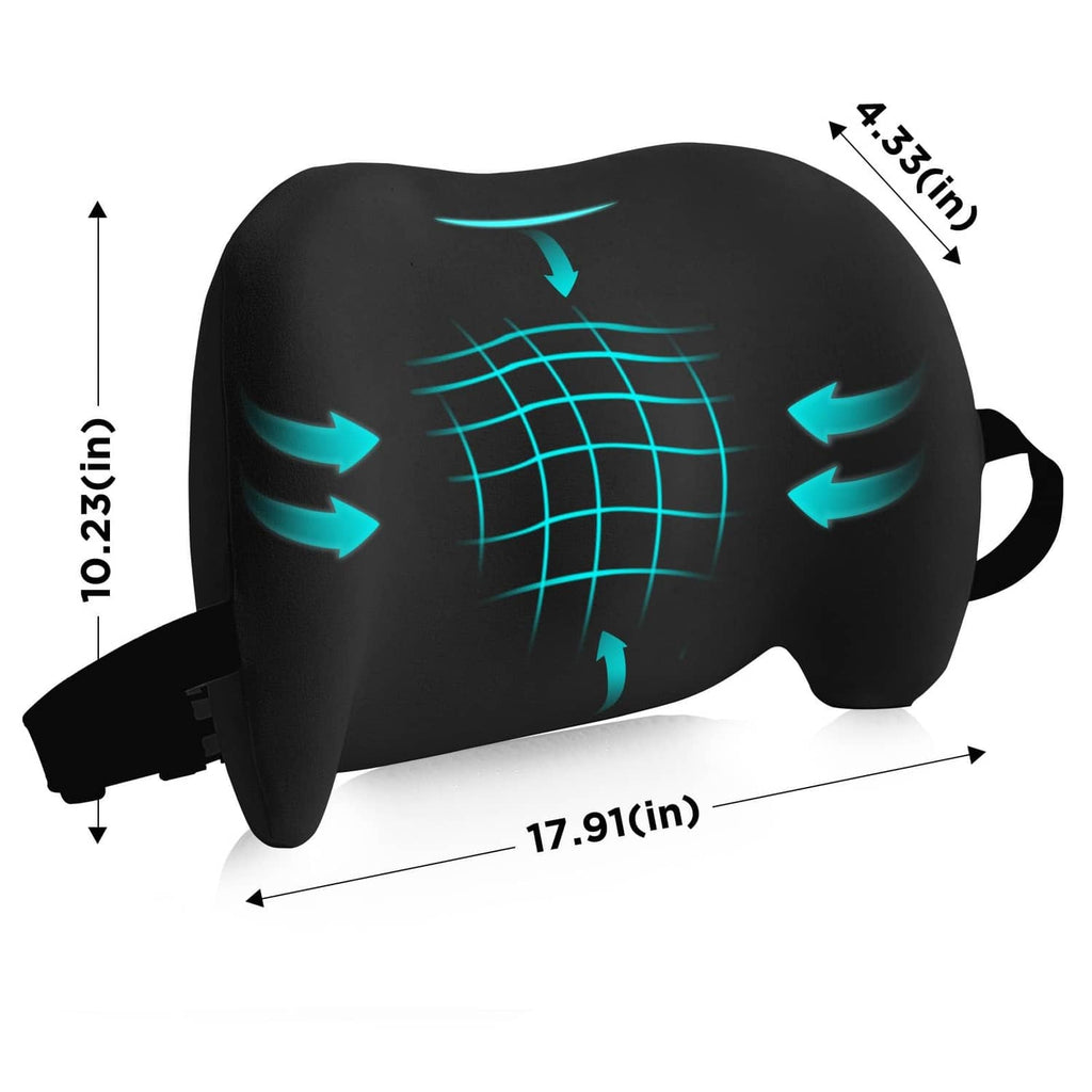 Black lumbar support pillow, teal grid design, size-marked with side strap