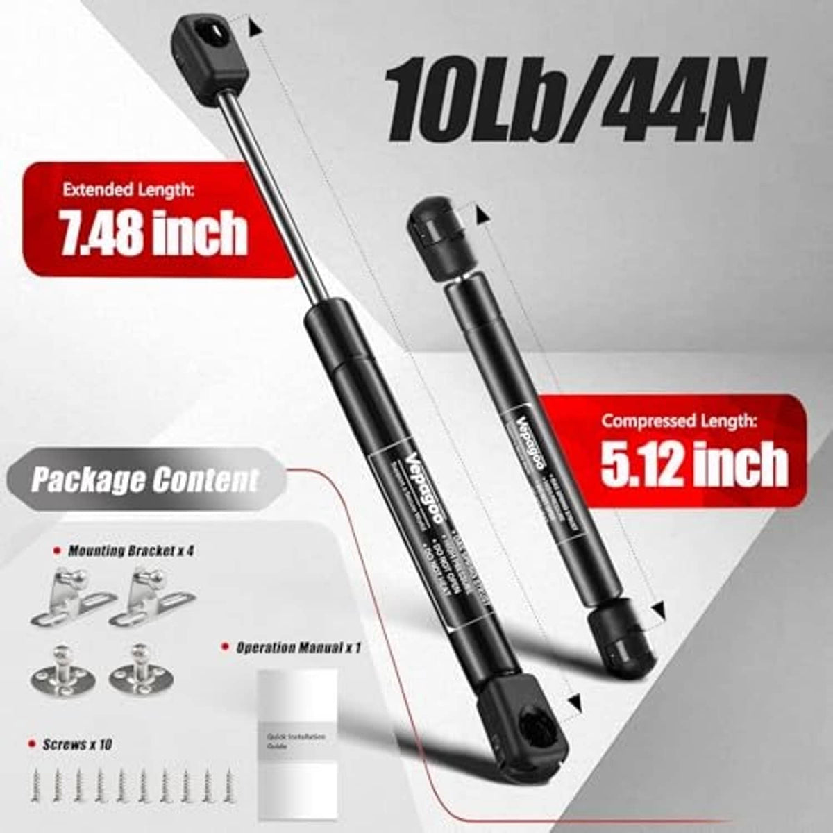 Pair of black gas lift struts with mounting bracket hardware and included fasteners.