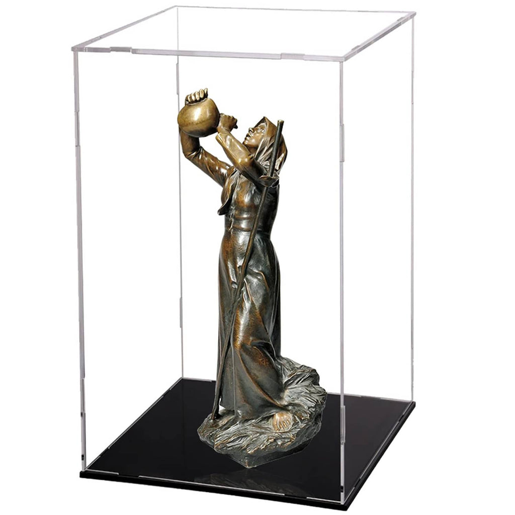 Clear acrylic display case with black base, holding a bronze-colored sculpture