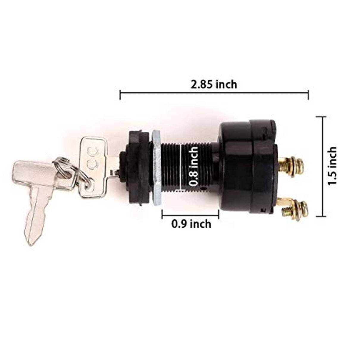 Black 2-pin ignition switch with keys and metal ring, 2.85 in length