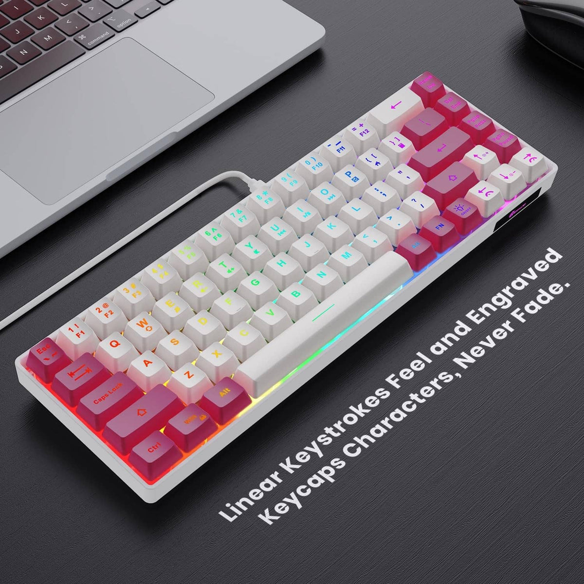 Compact wired keyboard angled view; white and pink keys with RGB backlighting