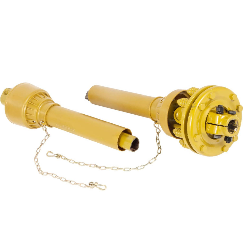Yellow PTO drive shaft with slip clutch, cross-joint detail and safety chain