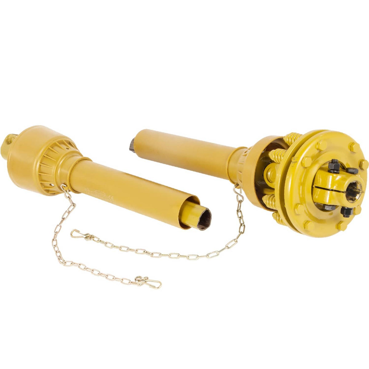 Yellow PTO drive shaft with slip clutch, cross-joint detail and safety chain