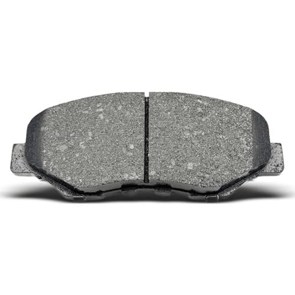 Front ceramic brake pad, dark gray friction material with center seam and side ears