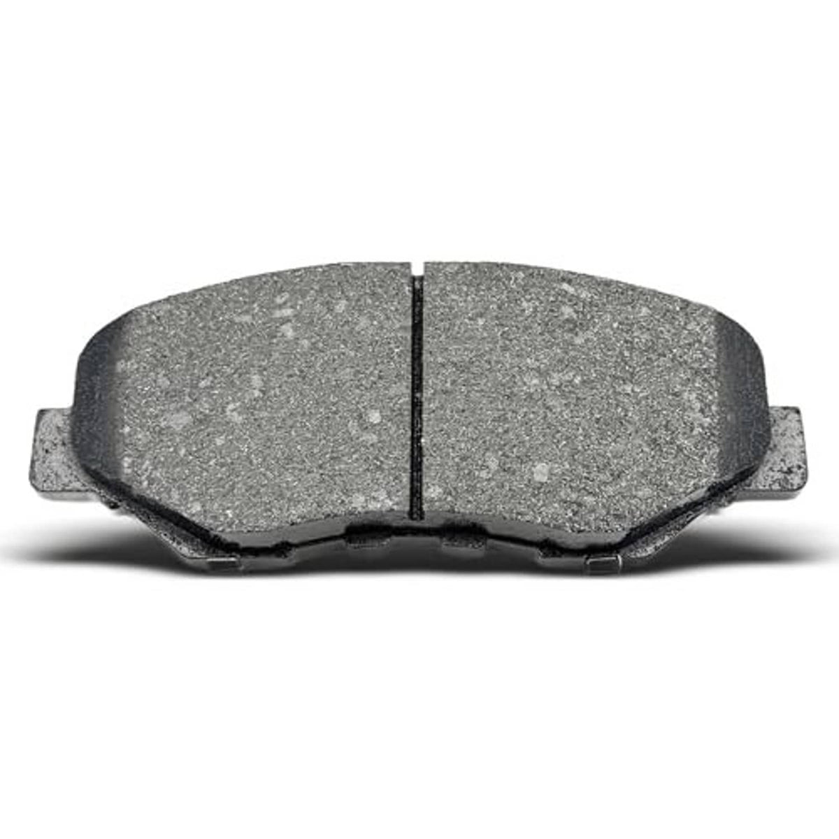 Front ceramic brake pad, dark gray friction material with center seam and side ears