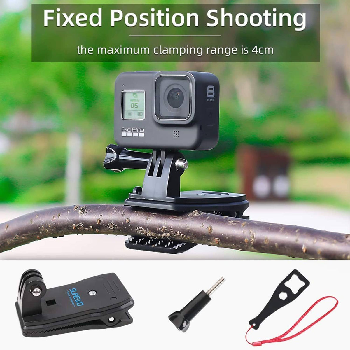 Action camera strap mount with base clamp and included mounting hardware pieces