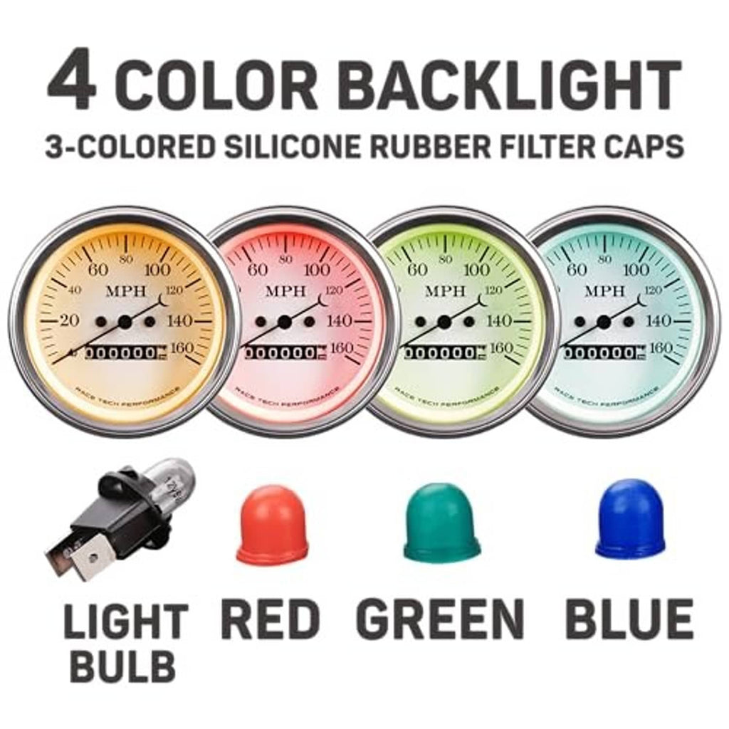 Four white-faced gauges with colored backlit dials (light red, green, blue) and caps