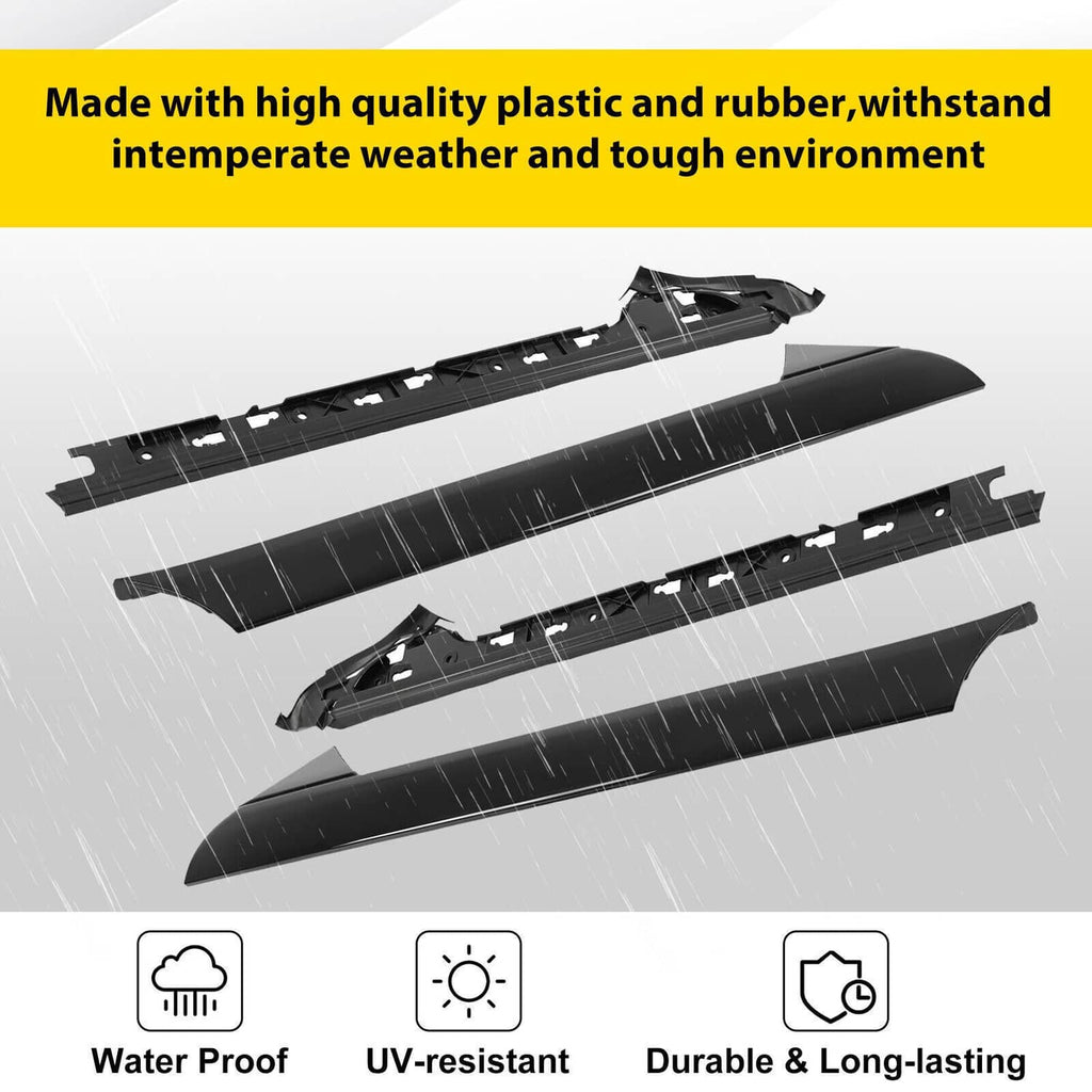 Windshield A-pillar molding trim panels, black plastic with rubber-like weather seals
