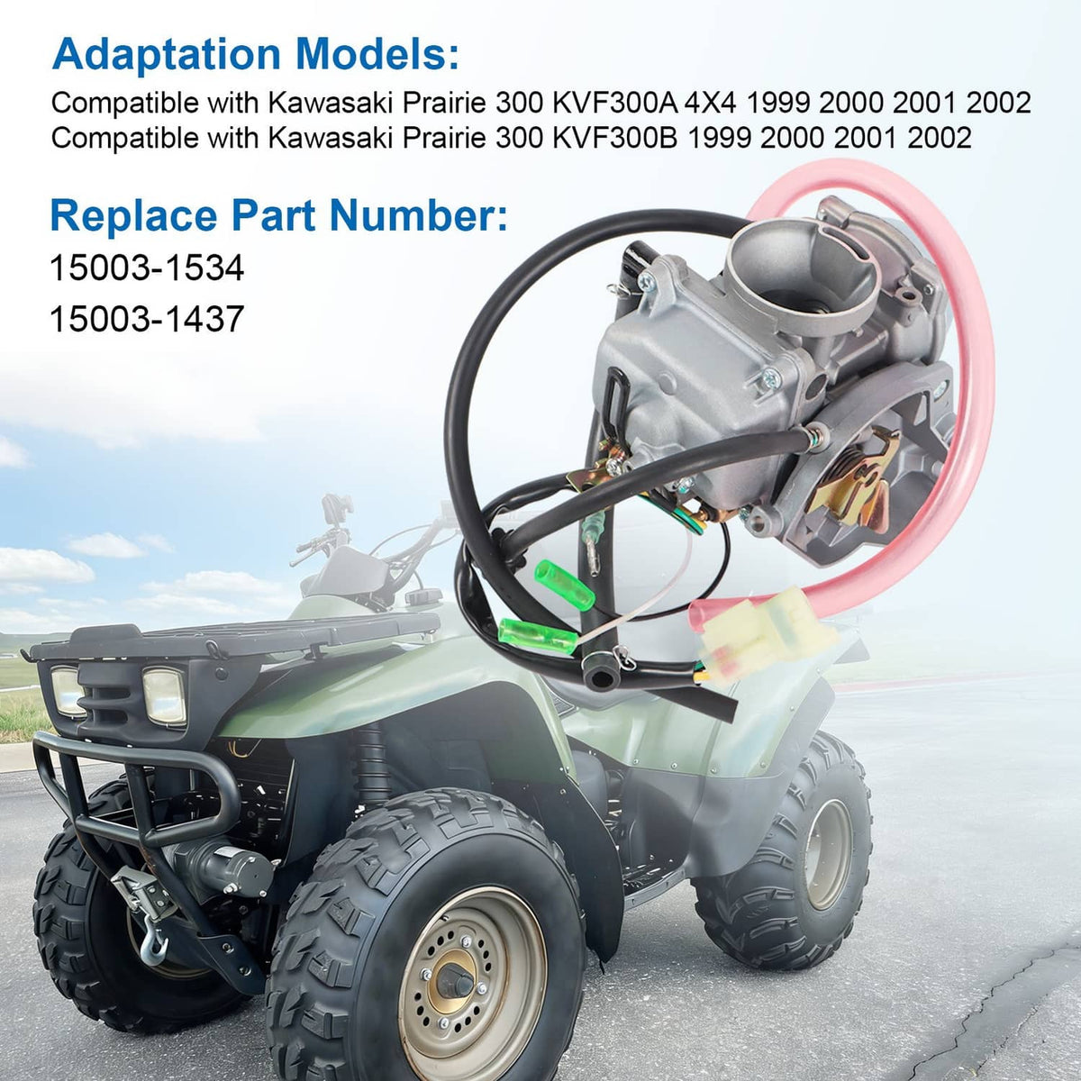 Carburetor installed on ATV with black air filter cover and wiring harness