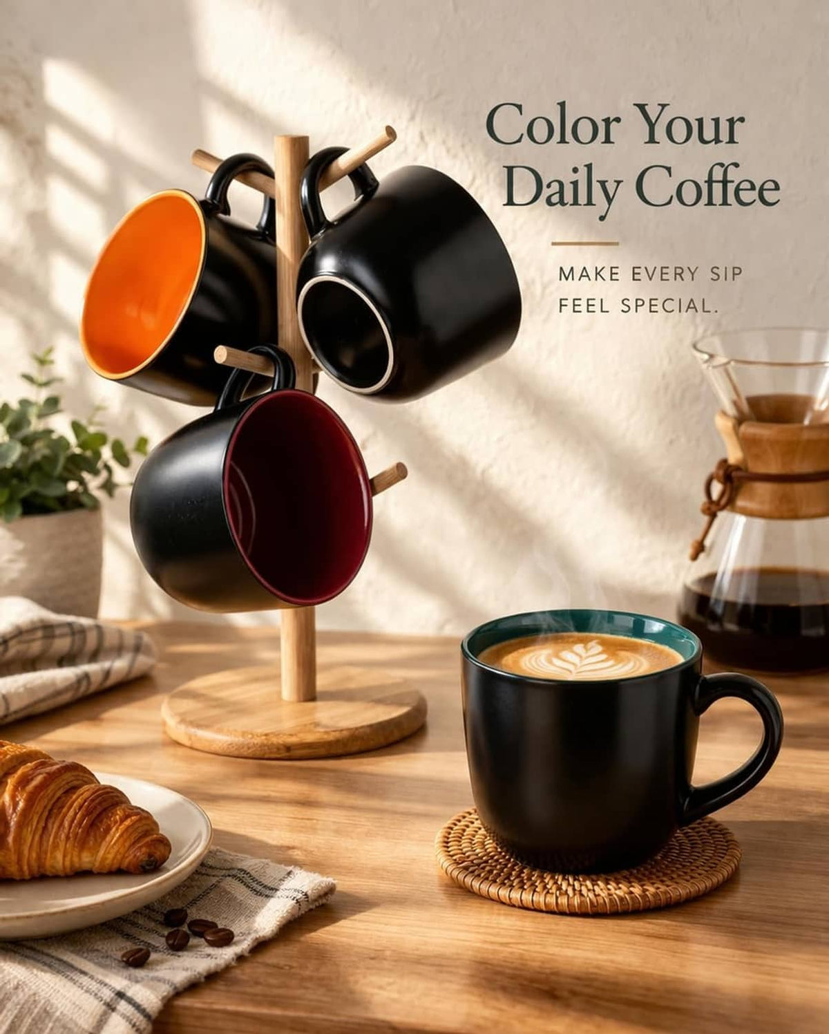 Stacked soup mugs on wooden stand, black exterior with orange and red interiors