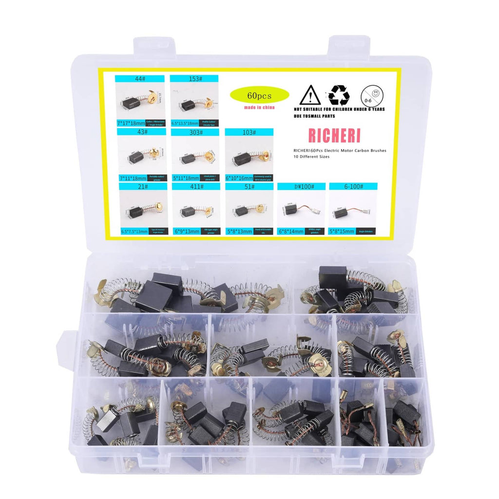 Electric motor carbon brush set in clear organizer box, multiple black brushes
