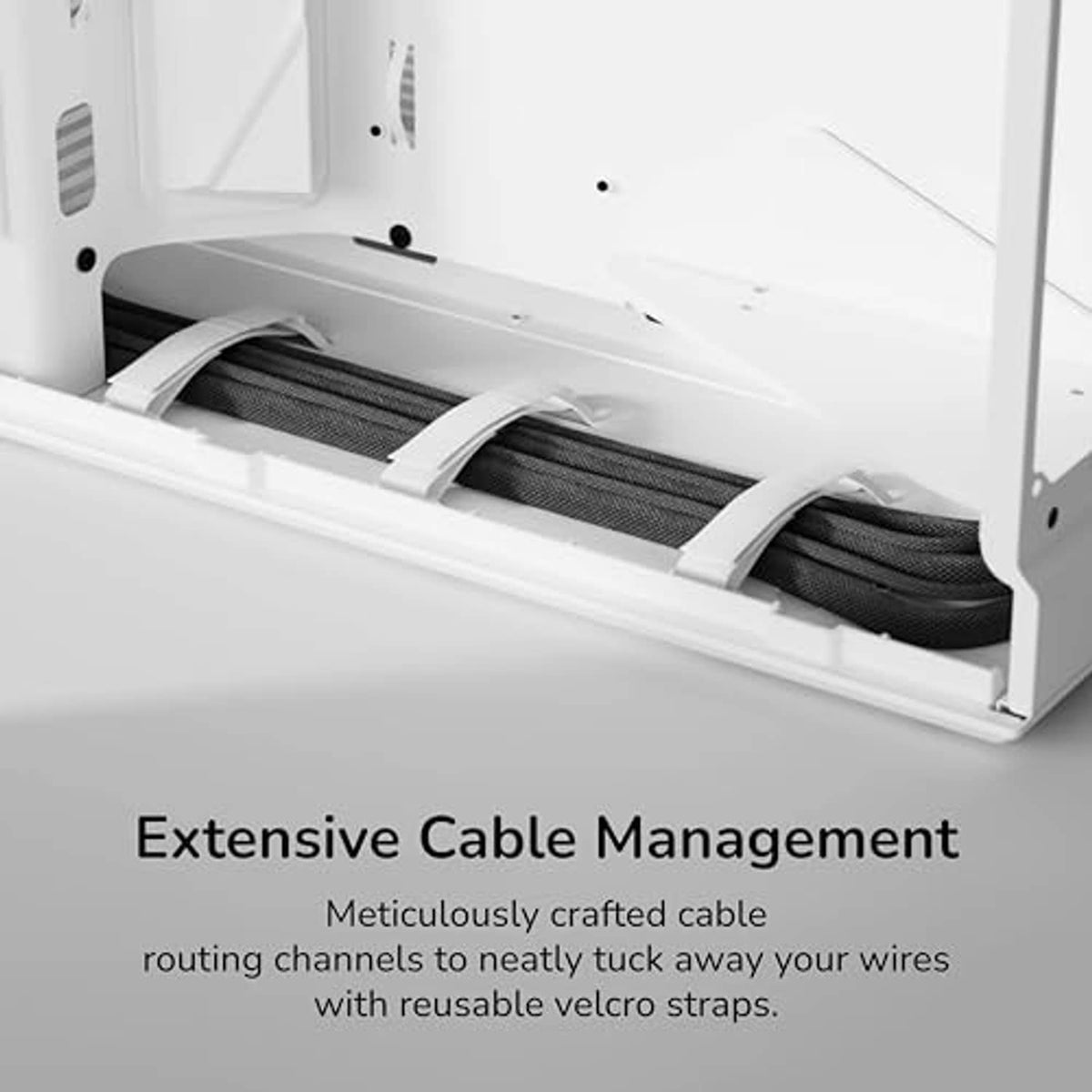 Snow white PC case with open top cable routing bracket and mesh PSU shroud