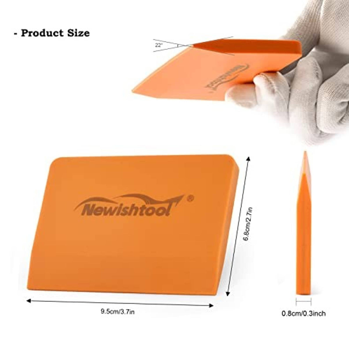 Orange silicone squeegee with V-edge; small rectangular tool with printed size marks.