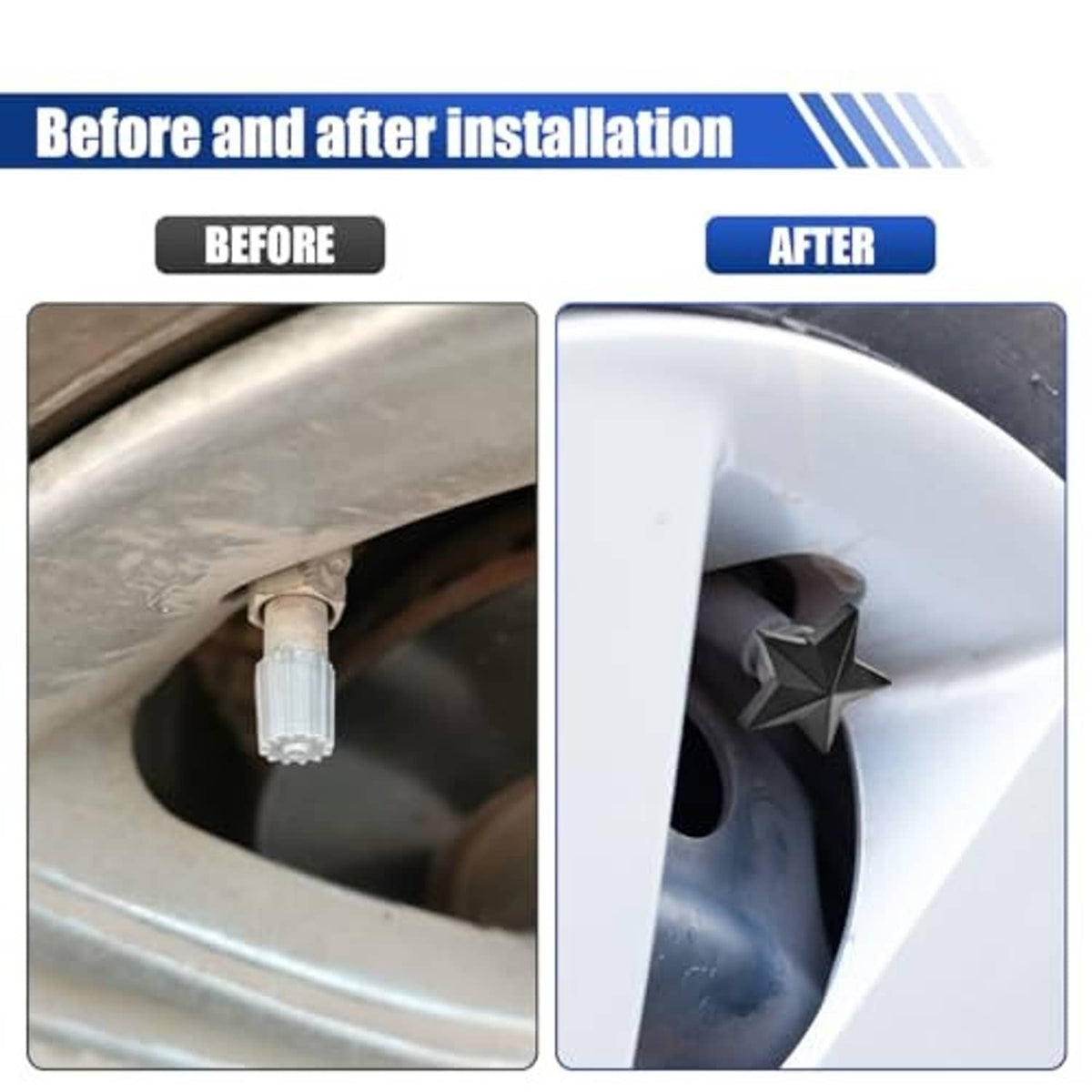 Black five-point star valve stem caps shown installed on a car wheel valve