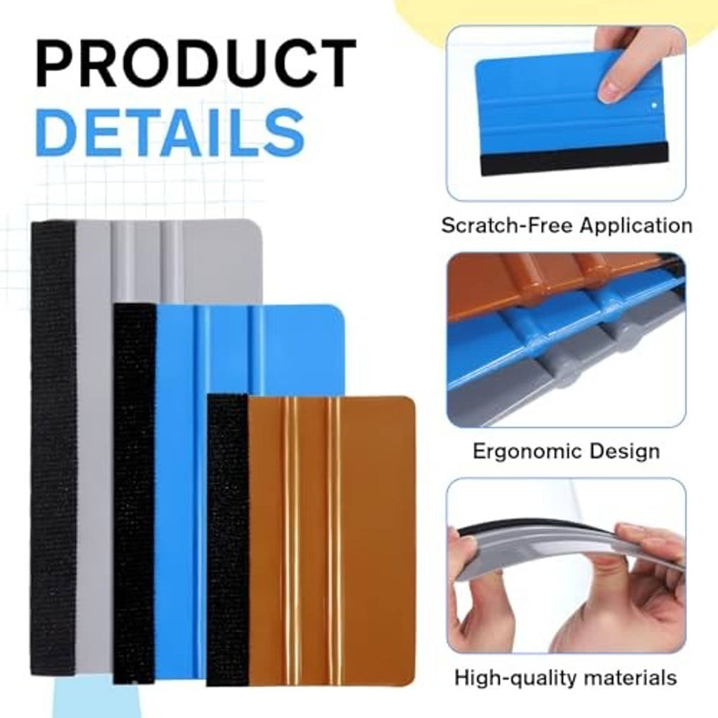 Vinyl wrap squeegee set with felt edges, shown with blue and orange scraper pads