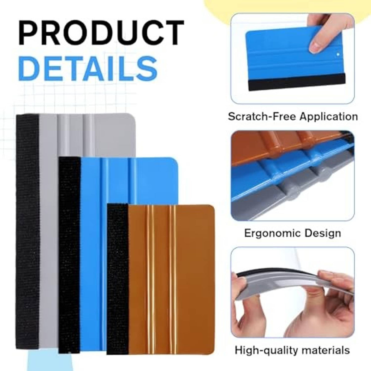 Vinyl wrap squeegee set with felt edges, shown with blue and orange scraper pads