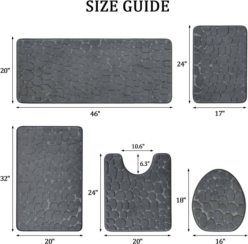 Dark grey bath rug set size guide with rectangular and U-shaped mat measurements