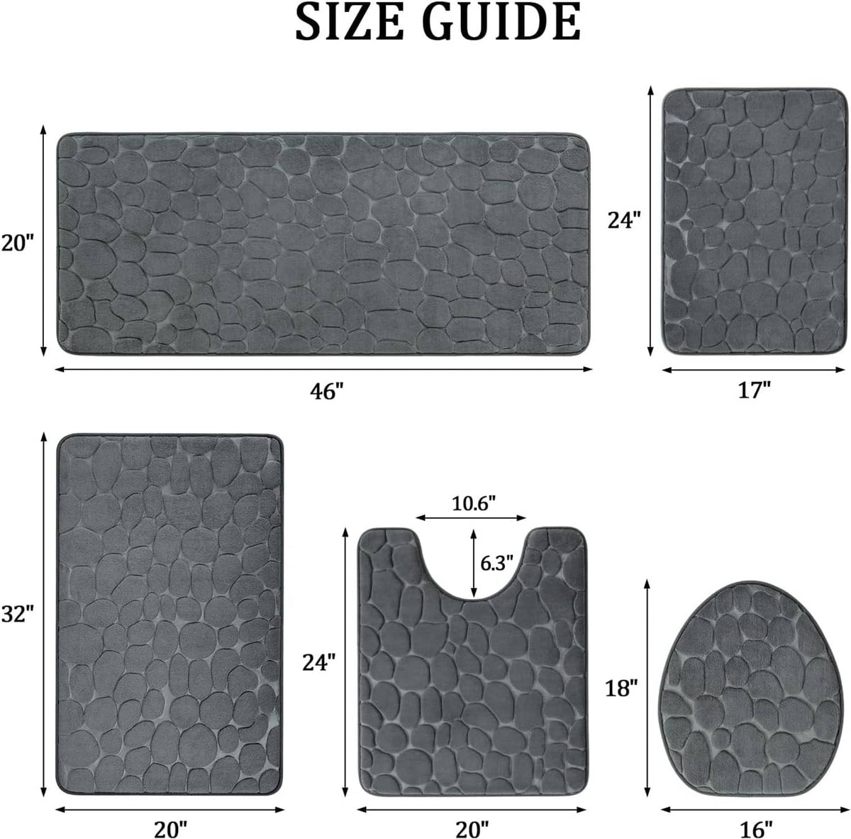 Dark grey bath rug set size guide with rectangular and U-shaped mat measurements