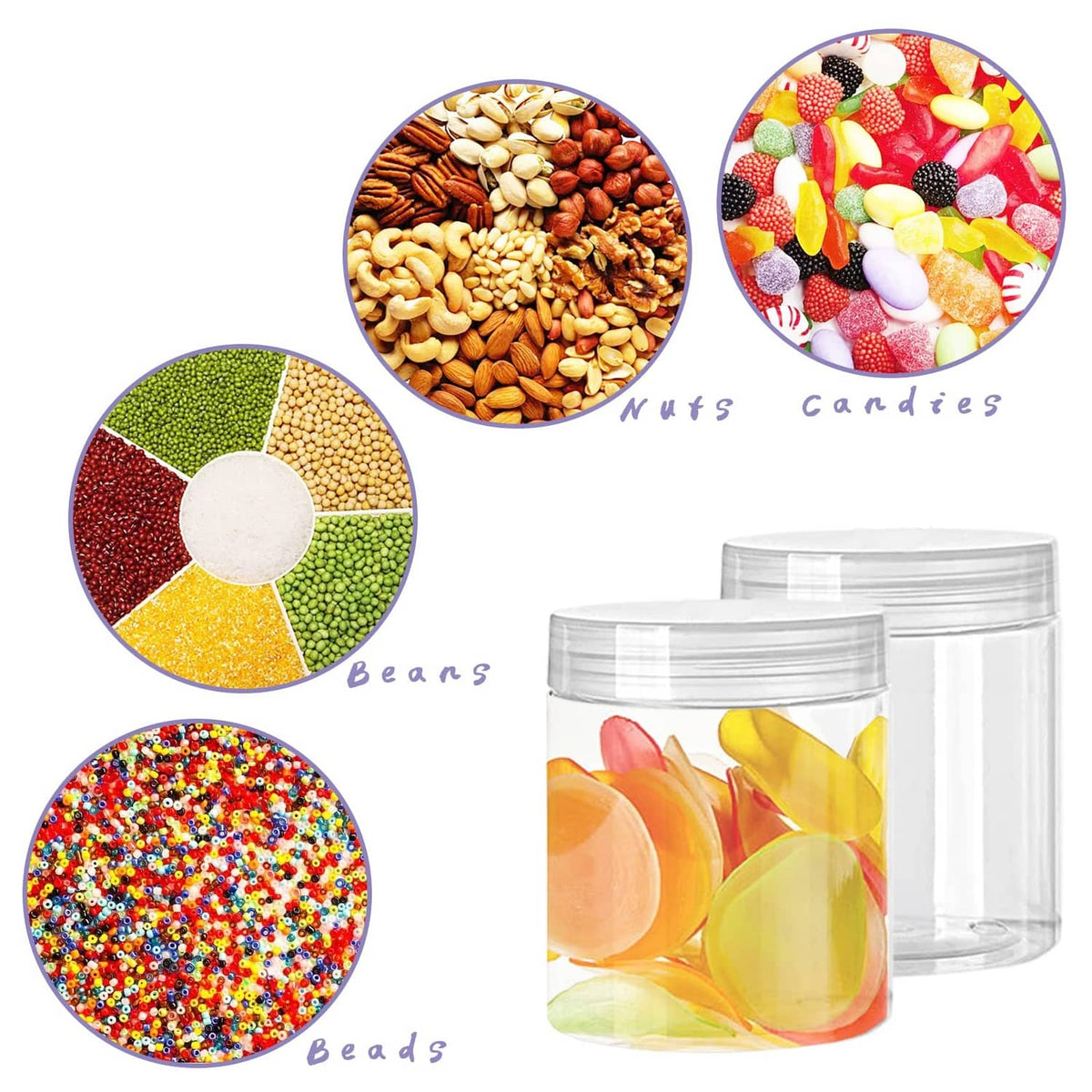 Clear plastic jar with lid, filled with colorful candies and beads