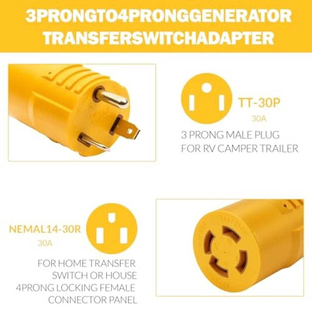 Yellow generator transfer switch adapter showing TT-30P male plug and L14-30R end
