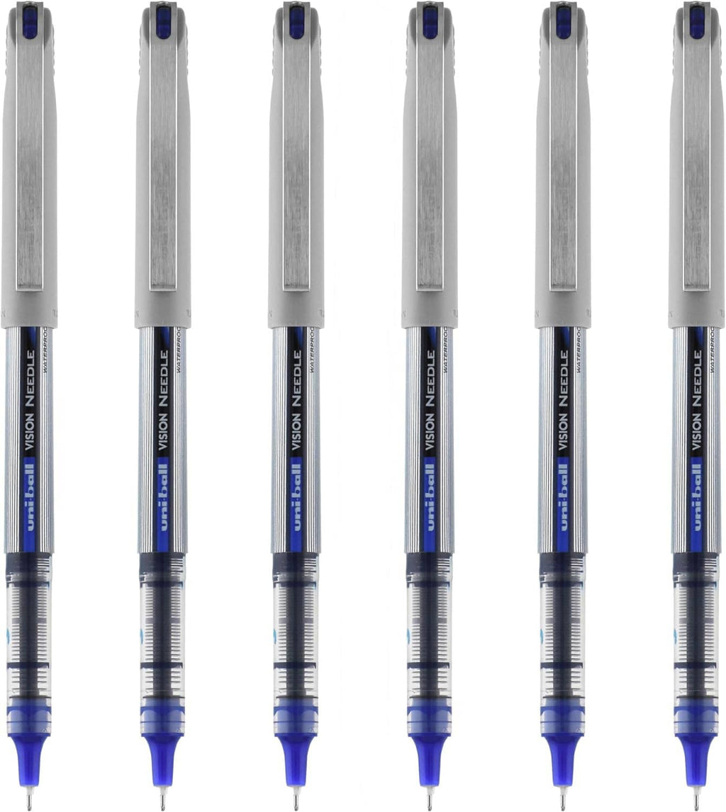 Six needle rollerball pens with fine blue ink tips and gray barrels