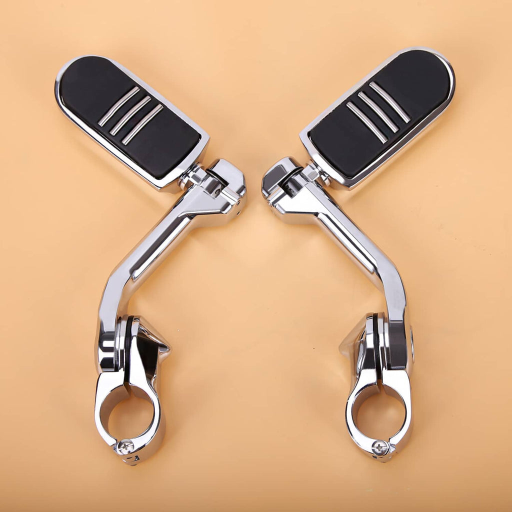 Motorcycle highway foot peg set with chrome yoke arms and black treaded pads