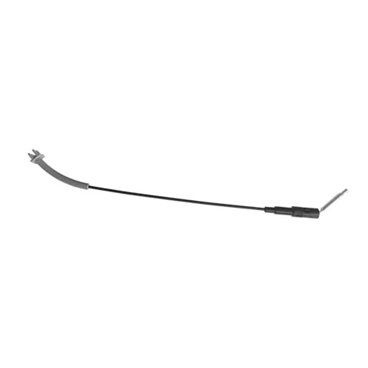 Front seat release cable with black housing, curved gray guide, and two metal mounting ends.
