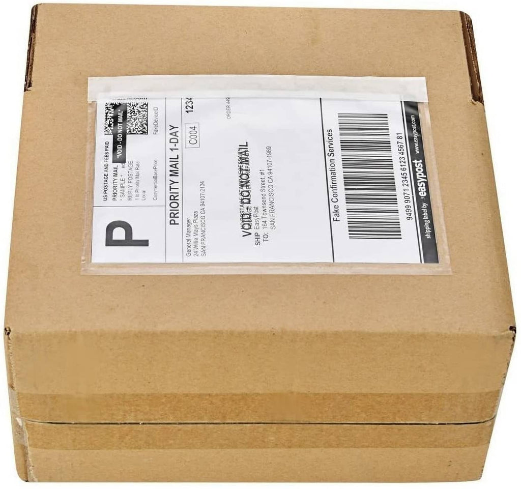 Clear adhesive top-loading packing list pouch with shipping label on brown box