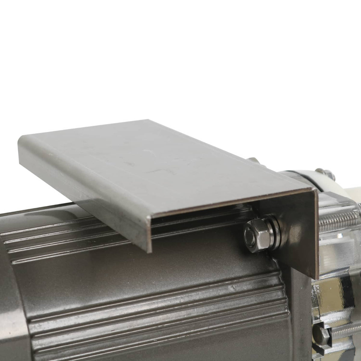Water pump motor housing with metal mounting bracket and securing screw