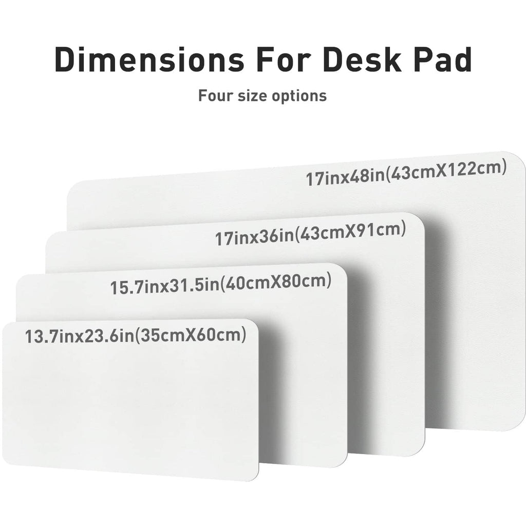 Off-white desk pad protector showing size options with four rectangle shapes.