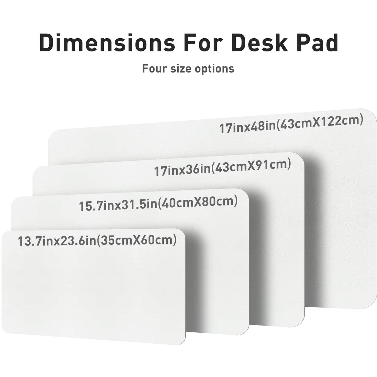 Off-white desk pad protector showing size options with four rectangle shapes.