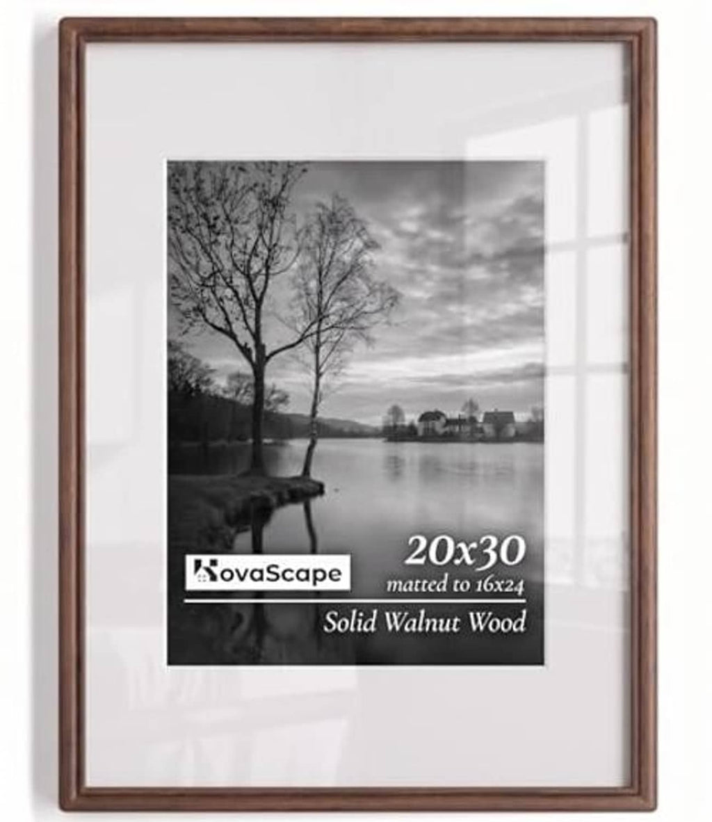 20 x 30 walnut wood picture frame with glass and white mat, centered front