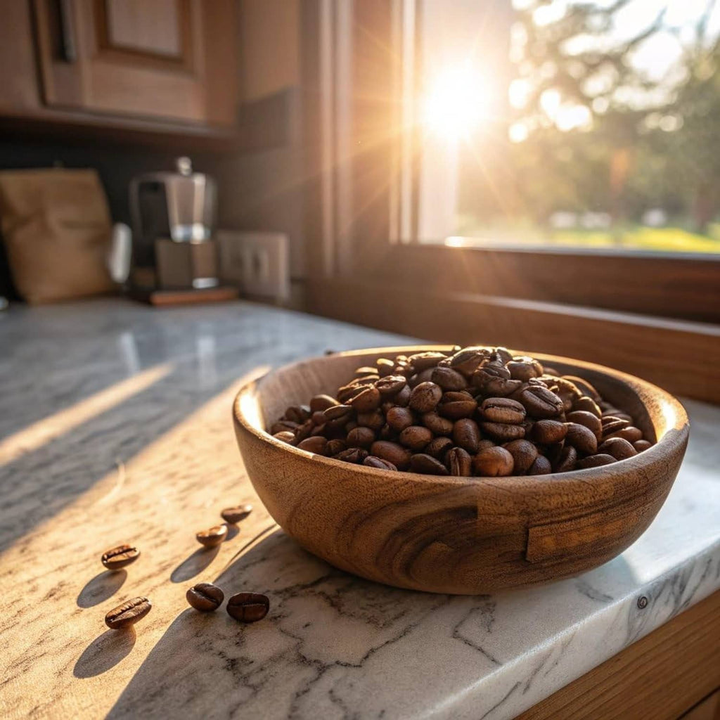 Wood bowl filled with whole roasted coffee beans on a marble countertop