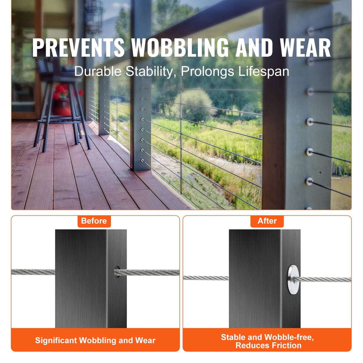 Stainless steel cable railing wheel protector sleeves installed on a railing post