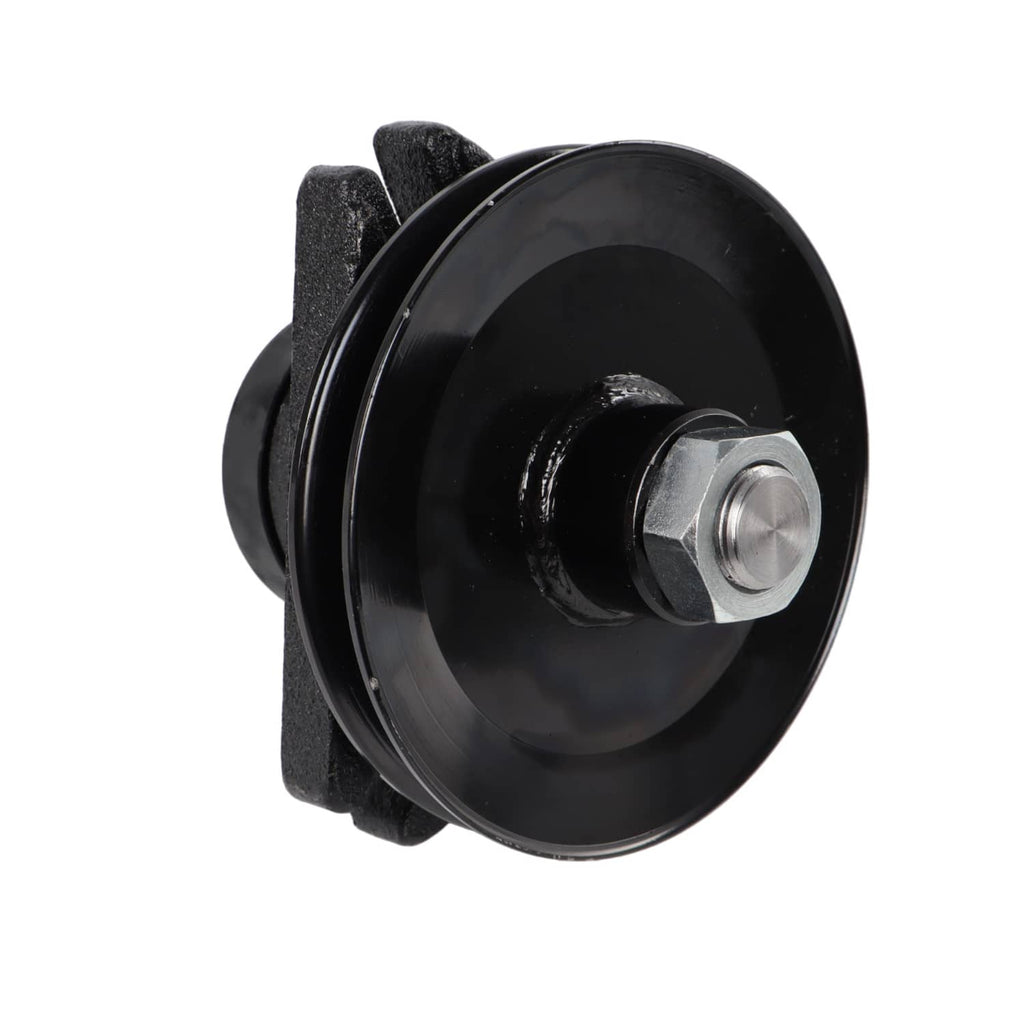 Lawn mower spindle with black pulley, bracket, and silver mounting nut