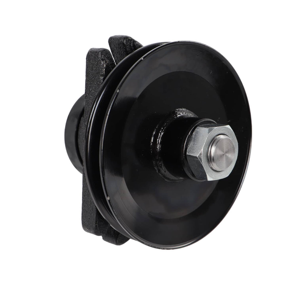 Lawn mower spindle with black pulley, bracket, and silver mounting nut